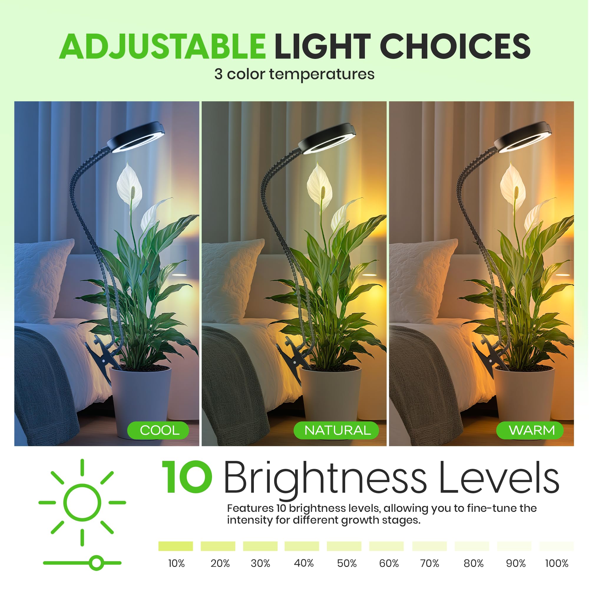 OSANI Luce da coltivazione a braccio lungo a collo di cigno da 61 cm, ampia copertura da 121,9 cm, luci a LED a spettro completo da 6000 K per piante da interno con LED rossi blu, dimmerabile a 10