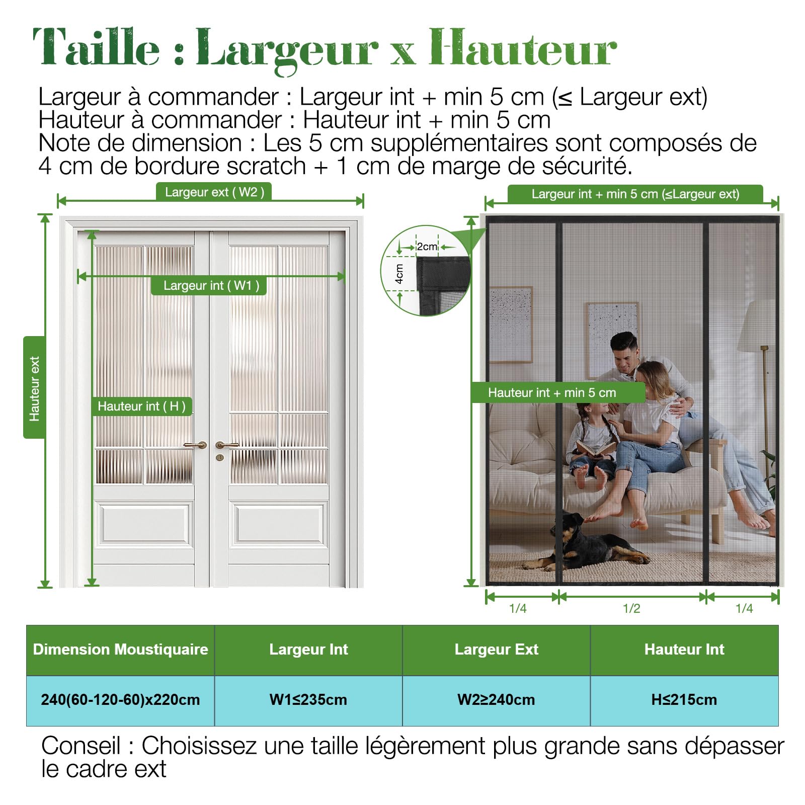Moustiquaire Porte Fenêtre 240x220cm, Magnétique Double Porte, Fermeture Automatique Sans Perçage, Anti Mouches pour Baie Vitrée Coulissante, Balcon, Terrasse et Patio, Noir