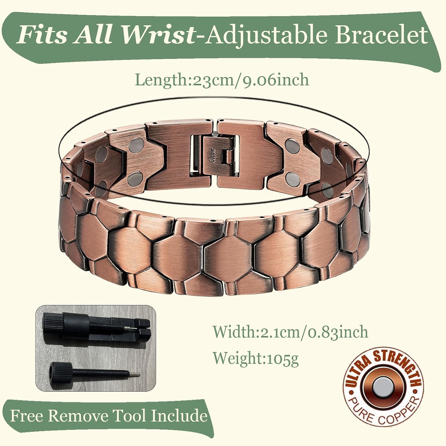 99% Pure Copper Bracelets for Men, Ultra Strength Magnetic Therapy Bracelet for Pain Relief with Neodymium Magnets