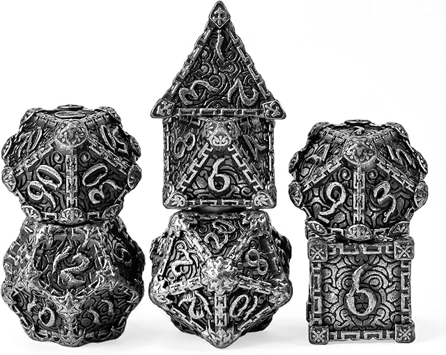 Cusdie Metal Dice with Metal Box, 7 PCs DND Metal Dice, Dagger Design Polyhedral Dice Set, for Role Playing Game D&D Dice (Silver)