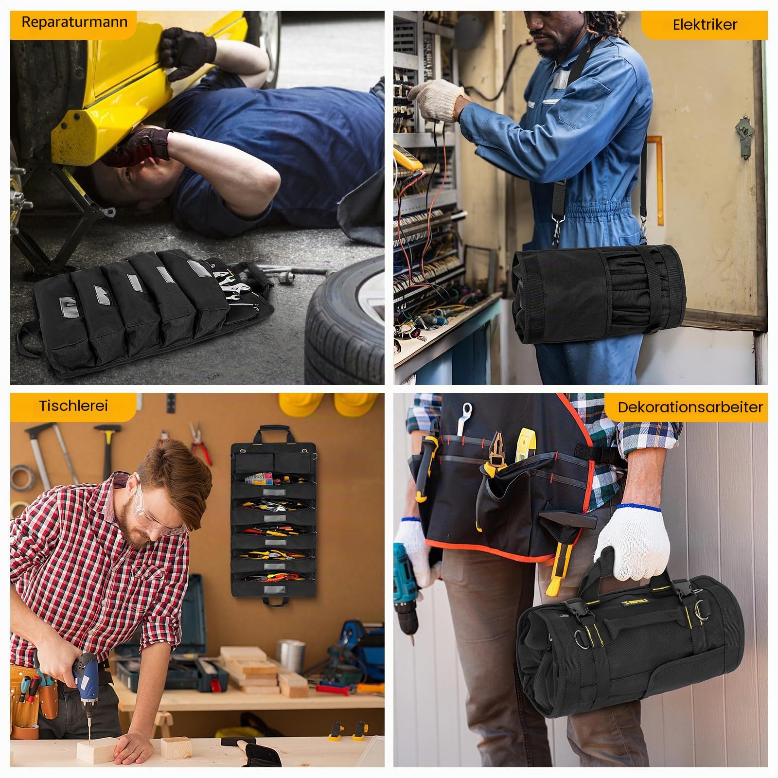 Rolltasche Werkzeug,Werkzeug Rolltasche Leer mit 13 Taschen,Werkzeugtasche mit 2 Abnehmbaren,Aufrollbare Werkzeugbox Klein Werkzeugtaschen,Geschenke für Männer,Vater,Ehemann,Freund,Opa,ihn,Schwarz