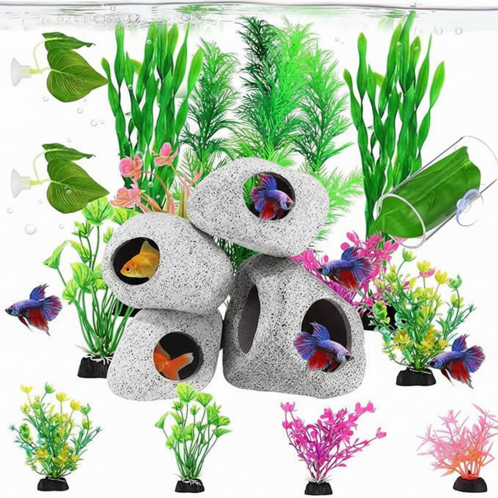 Kathfly 18 Pcs Aquarium Decorations Rock Set 4 Hideaway Rock Cave 2 Betta Fish Leaf Pad 1 Acrylic