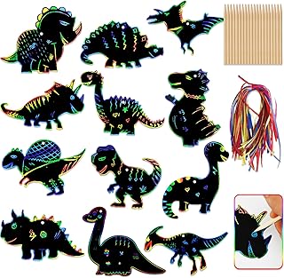 12 Pcs Dinosaur Scratch Art Paper,Animal Scratch Art for Kids Bookmarks with Wooden Stylus and Ribbons,Scratch Art Paper Dinosaur Magic Craft Art Kits,Rainbow Color Scratch Card for Classroom Gifts