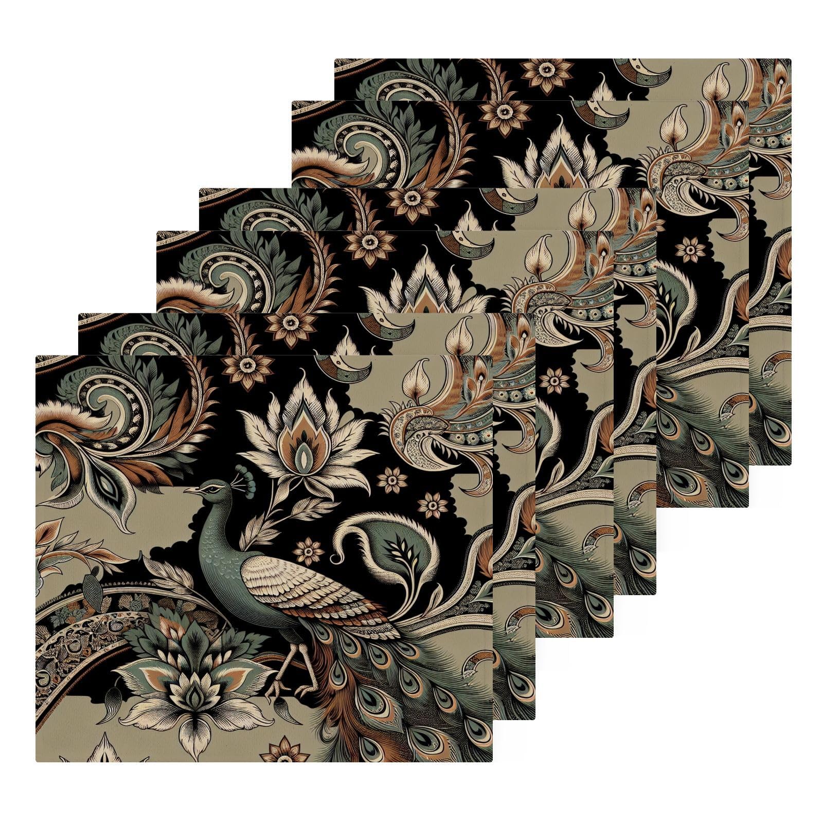 YANENDIE Peacock Paisley Textile Washcloths Towels, Highly Absorbent and Soft Cotton Face Cloths, 6 Pack Quick Dry Wash Cloths - 12 X 12 Inches