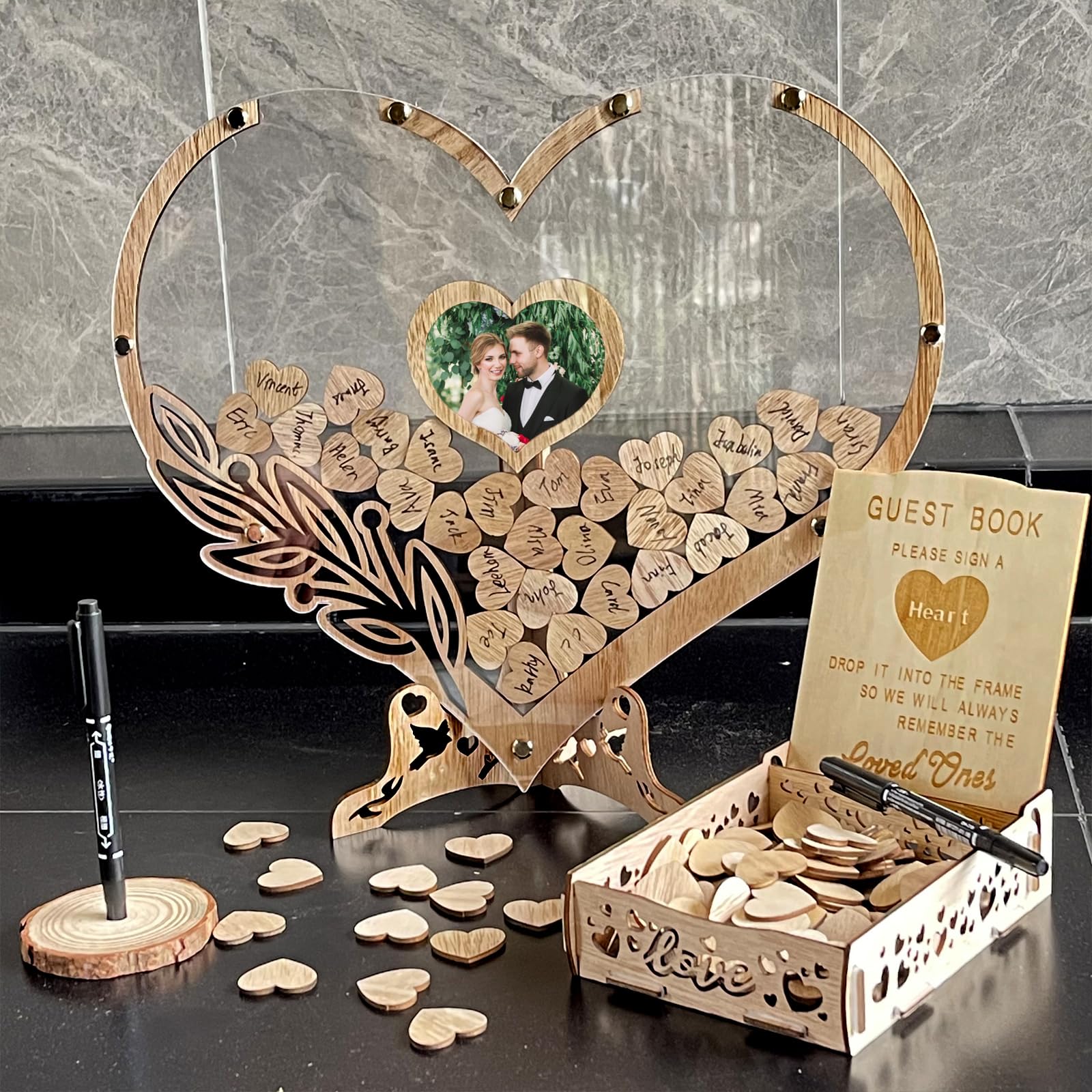 Hochzeitsgästebuch-Alternative – Rustikales herzförmiges Gästebuch aus Holz mit 100 Holzherzen für Hochzeit, Party, Geburtstag, personalisierte Hochzeitsdekoration mit Gäste-Anmeldebox und Herzrahmen