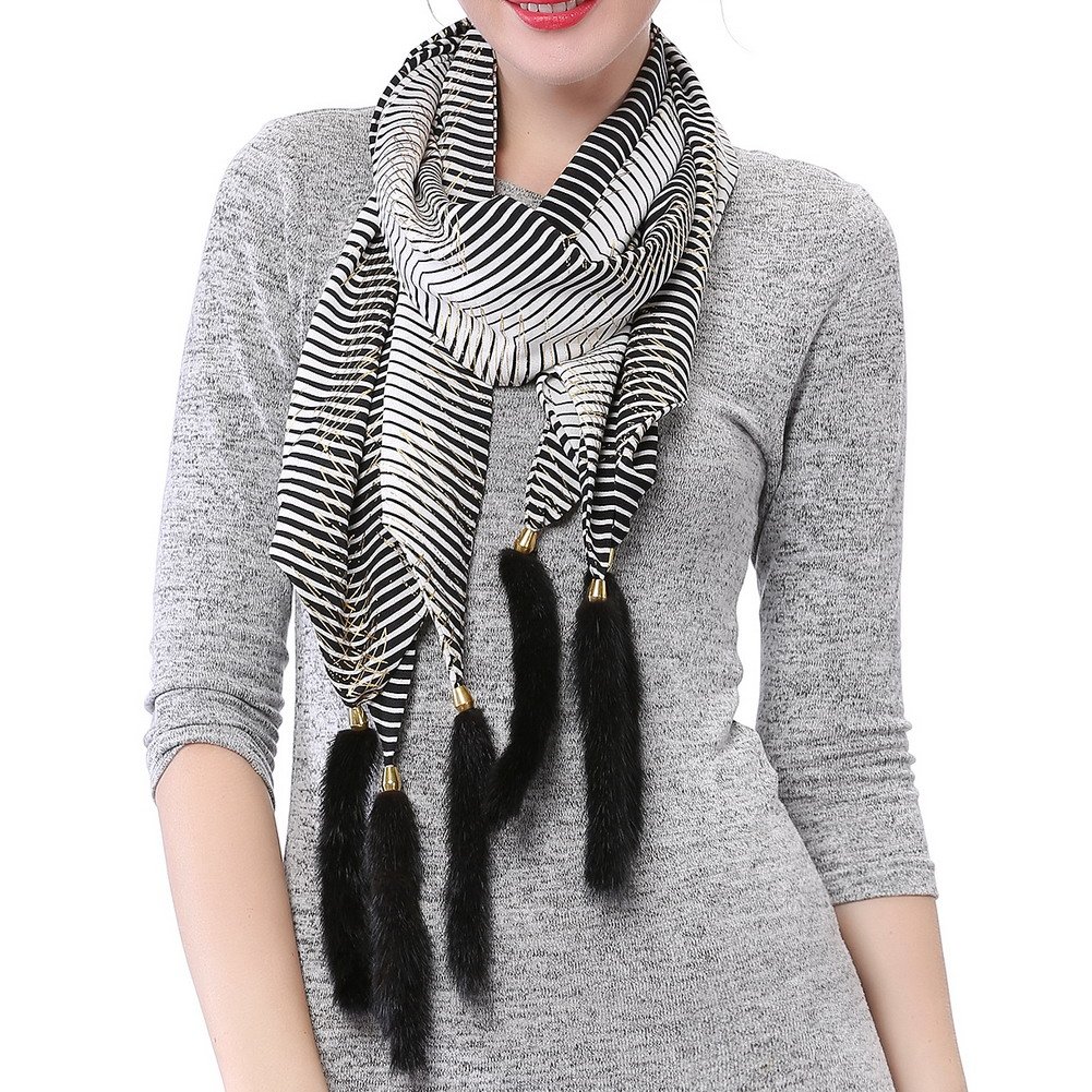 Women's Printed Fashion Silk Scarf Shawl Wrap With Fur Tail Tassels