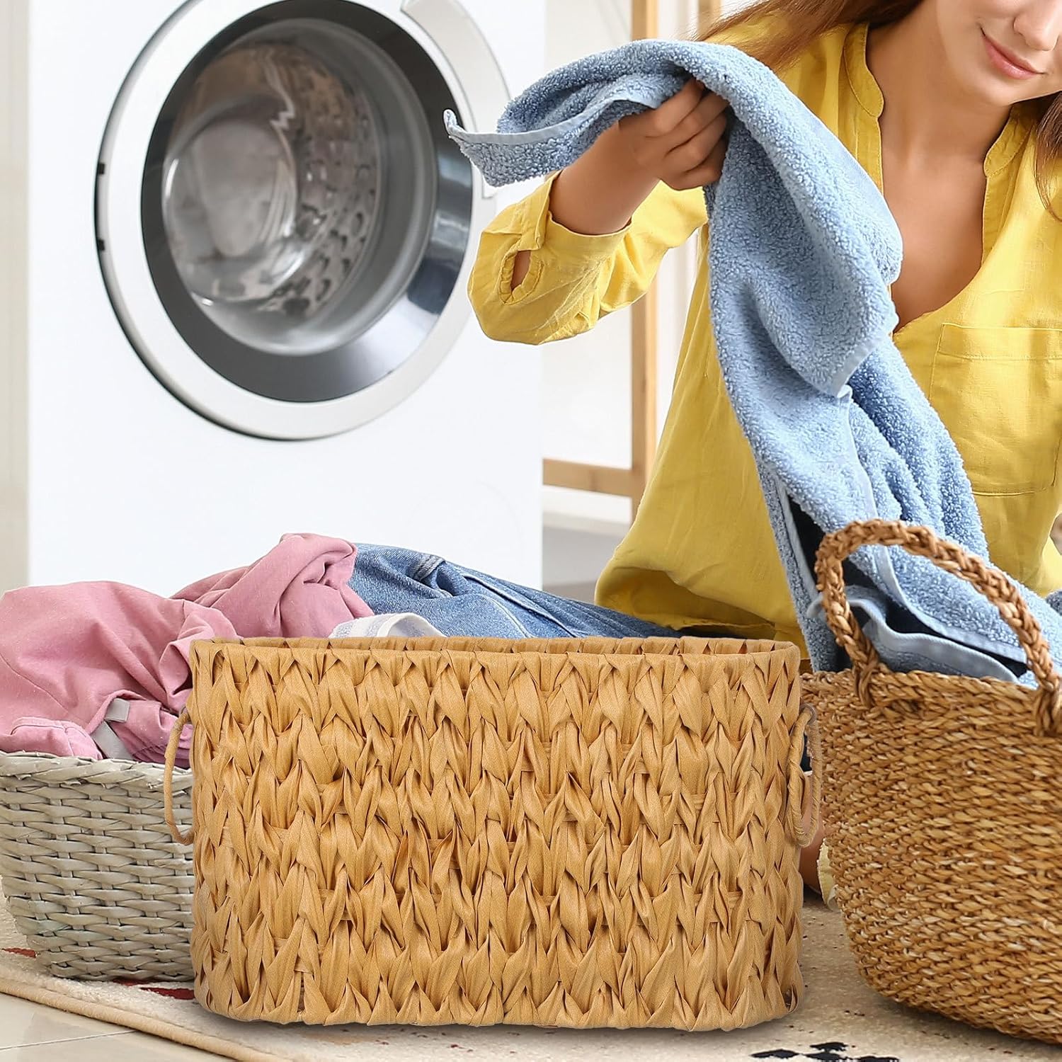 Toilet Paper Storage Basket Holder with Handle, Rectangular Woven Imitation Rattan Organizer for Bathroom and Pantry, Linen Color Toilet Tissue Box Organizer