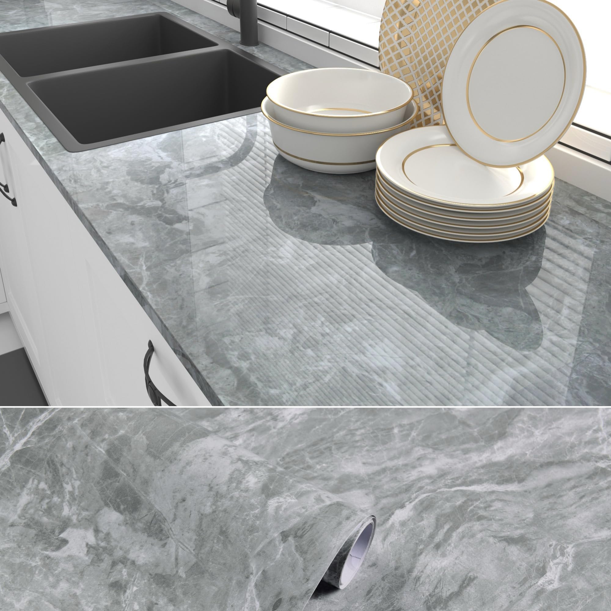 60cmร5m, Grey Marble Sticky Back Plastic Roll, Marble Vinyl Wrap for Kitchen Worktop, Heat-Resistant Worktop Vinyl Covering, Glossy Furniture Stickers Contact Paper Self Adhesive Furniture Makeover