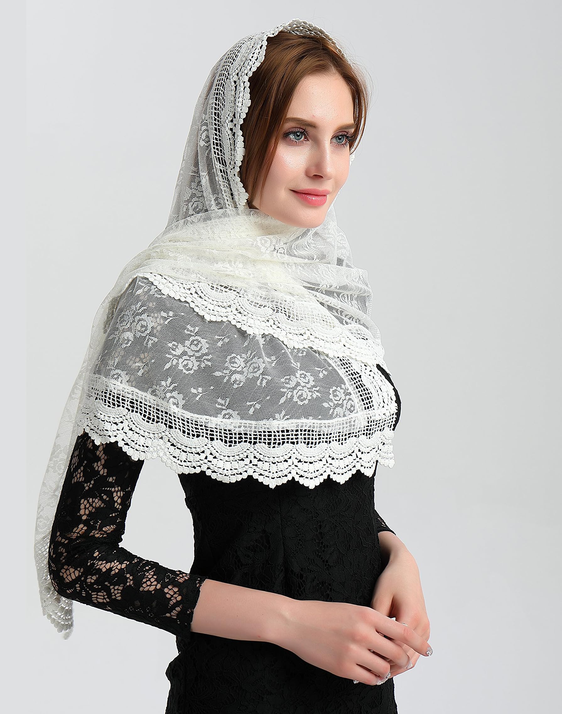 Leimandy Mantilla miękka koronkowa kość słoniowa woal kaplica katolicka V31, Kość słoniowa, M