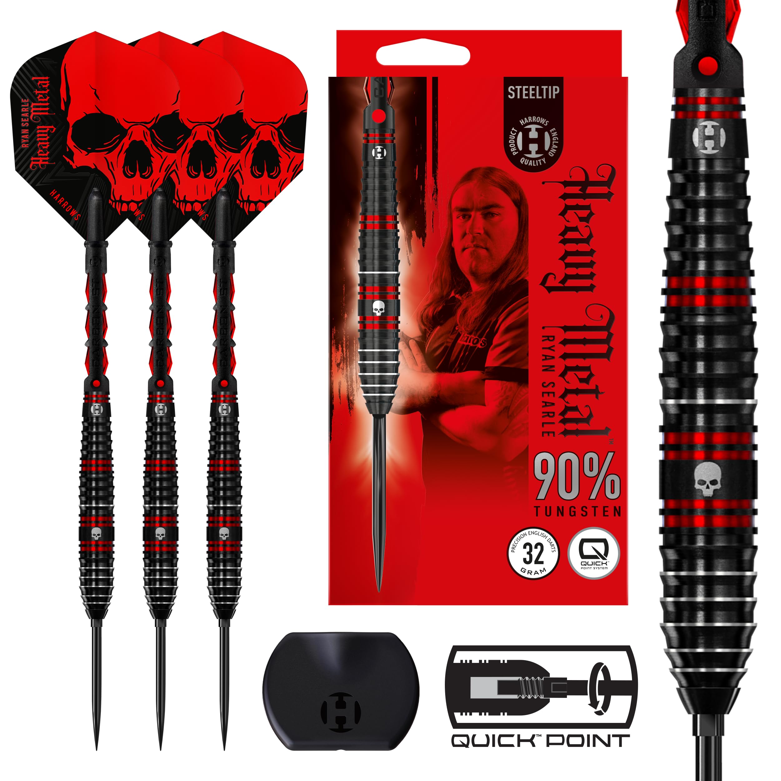 Harrows Ryan Searle 90% Tungsten Steel Tip Darts Set with Quick Point Change System | 30g | Includes Carbon ST Shafts & 100 Micron Heavy Metal Flights