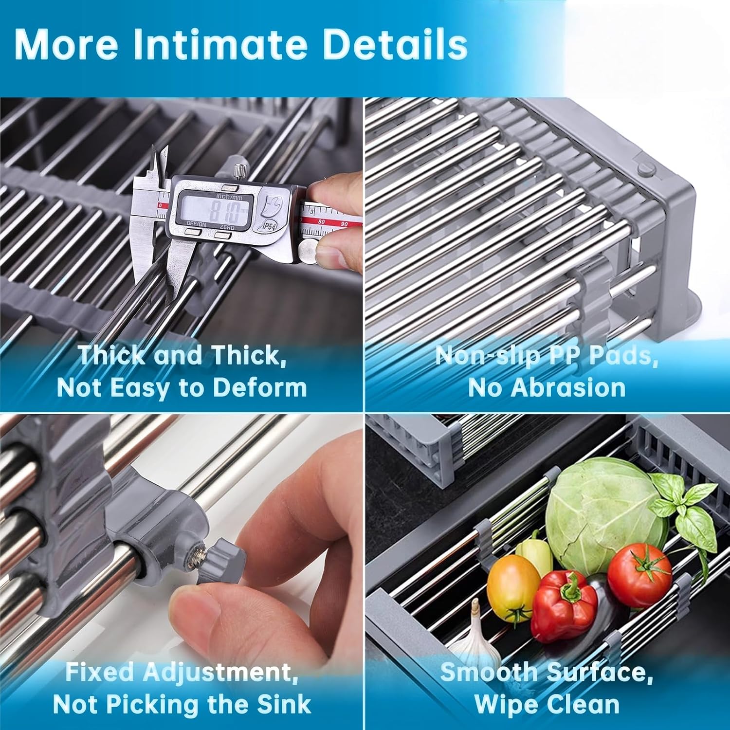 Over The Sink Dish Drying Rack, Stainless Steel Expandable Telescopic Drain Basket with Adjustable Arms - Functional Kitchen Sink Organizer for Dishes, Vegetables & Fruits (Large, Grey)
