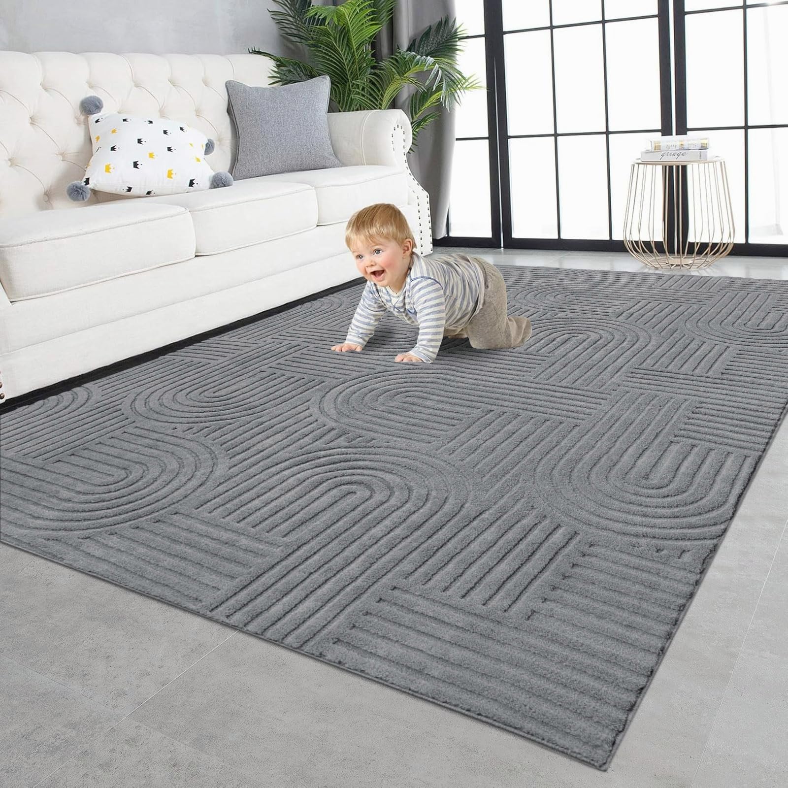 SHACOS Soft Fluffy High-Low Arch Pattern Area Rugs 5'3"x7'3" Non Slip Washable Modern Geometric Rug Stain Resistant Carpet for Living Room Bedroom Dining Room Nursery, Grey