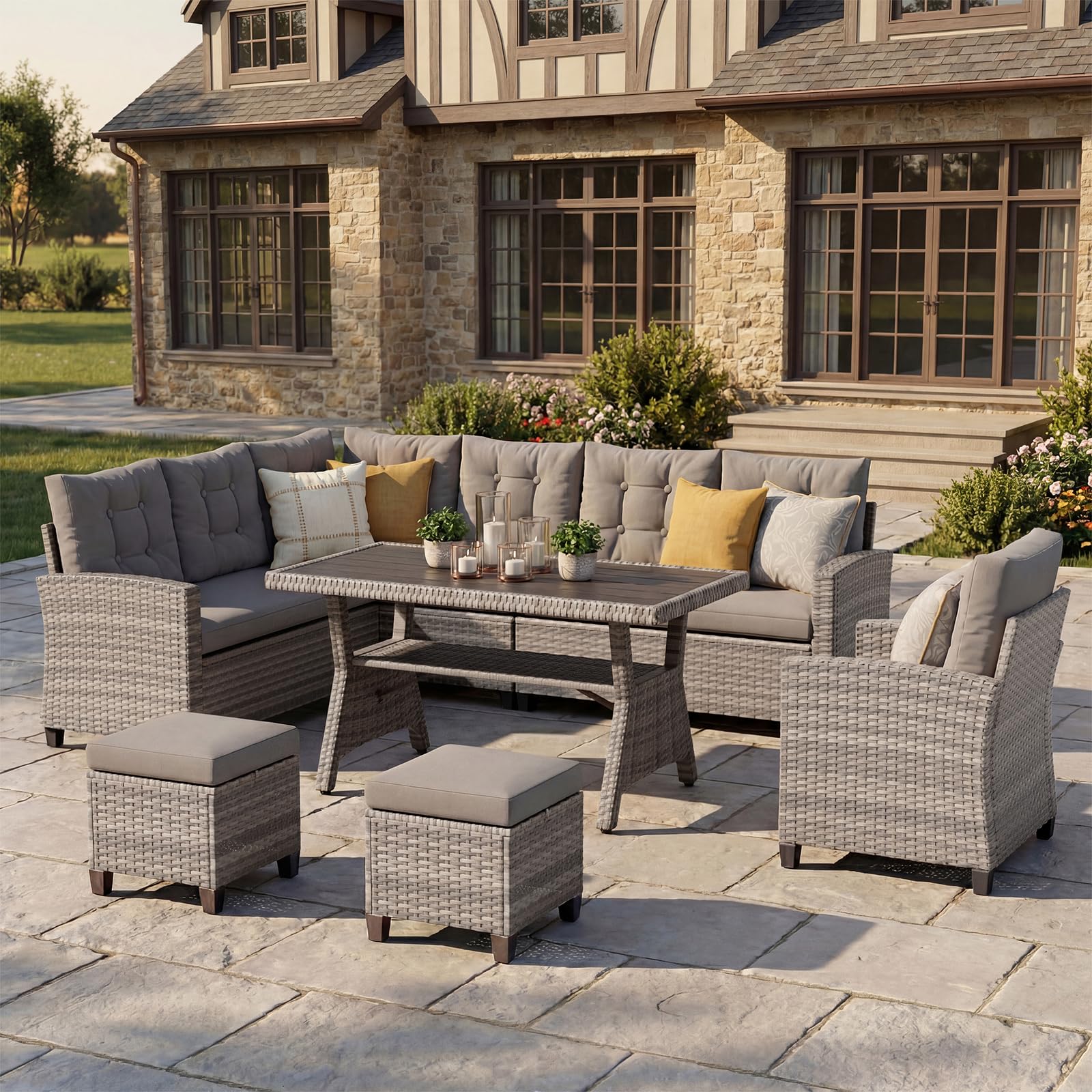 UDPATIO Rattan Gartenmöbel Set, Lounge Ecksofa mit Esstisch, Sessel & 2 Hocker, Wetterfest bis 8 Personen, Lounge Möbel Outdoor, Balkonmöbel, Terassenmöbel für Terrasse/Balkon/Garten, Grau