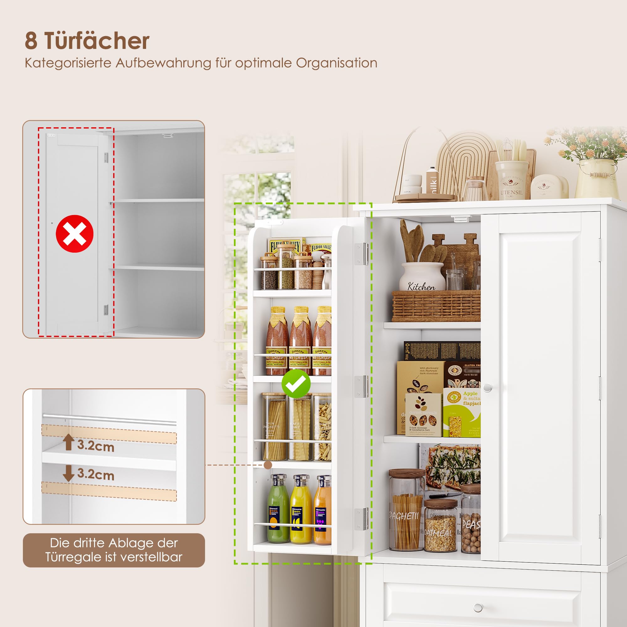 FOREHILL Küchenschrank Vorratsschrank mit 2 Schubladen und 8 Türregalen | Buffetschrank Mehrzweckschrank mit 2 Türen, für Küche, Esszimmer, Badezimmer und Wohnzimmer, 60 x 40 x 120 cm, Weiß