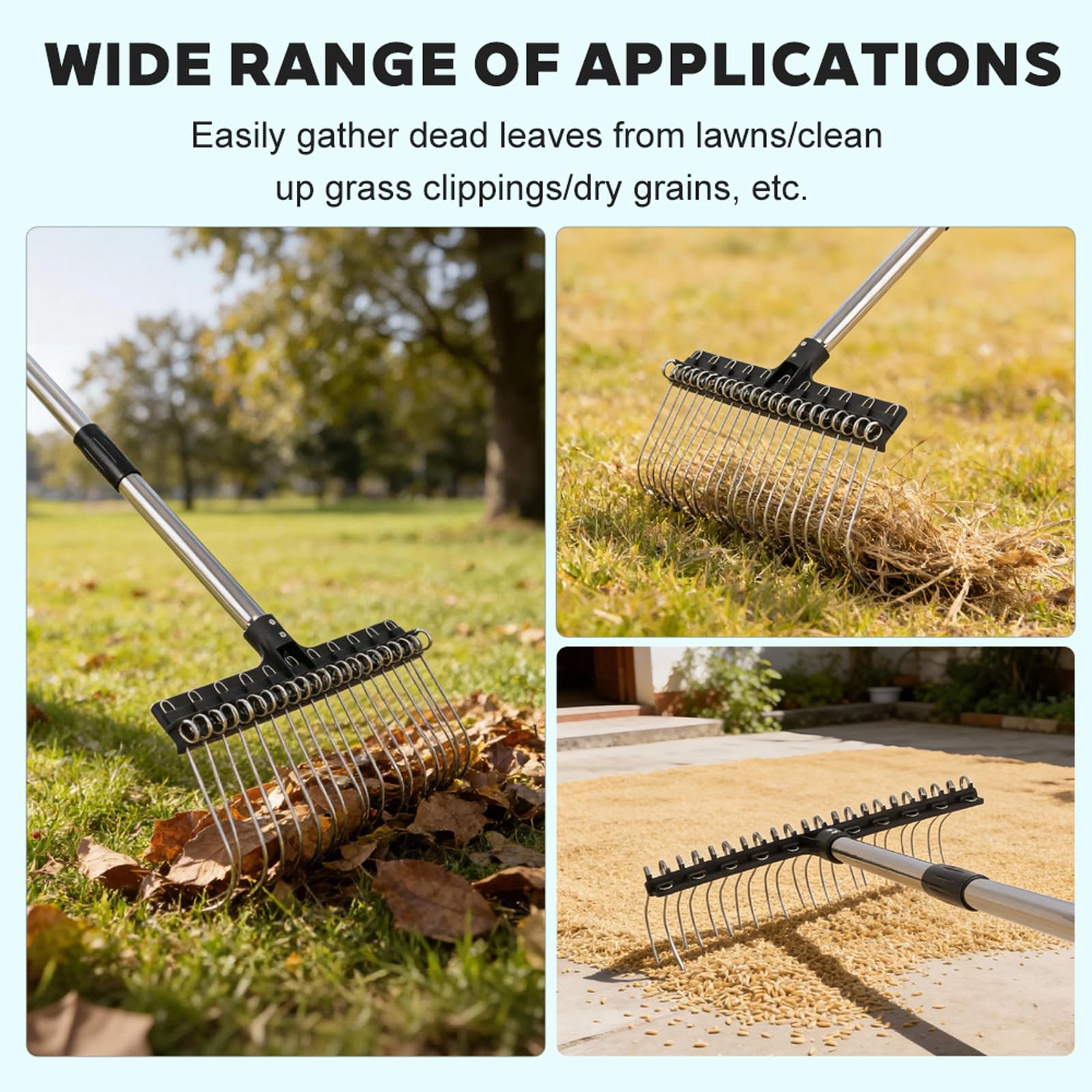 Gartenrechen, Laubrechen aus Stahldraht mit Abgewinkelter Federstütze für Müheloses Rechen, Rasenharke, Selbstreinigendes Design für Laub, Mulch, Kiefernnadeln und Filz