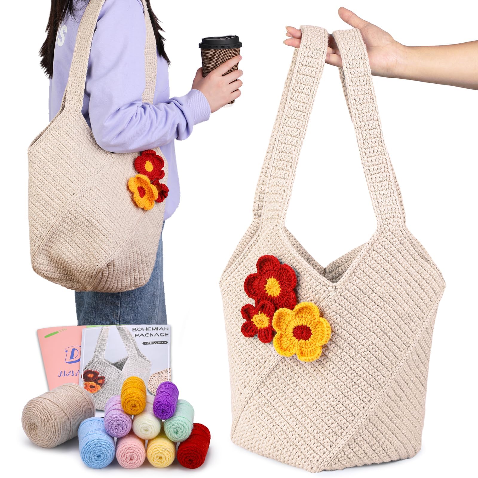Deudy Häkelset für Anfänger, Crochet Häkel Set Rucksack Kit, Komplett mit Garn, Häkelnadel, Anleitung, Ideal für Hook & Step-by-Step Video Tutorials DIY Shoulder Bag Crafting Gift for Adults (Khaki)