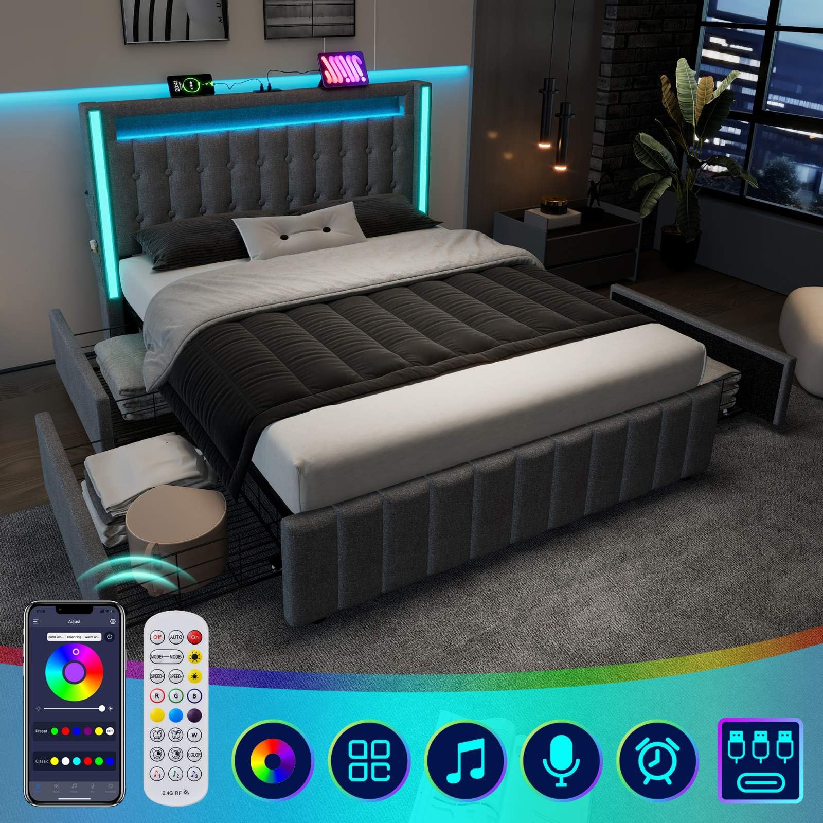 KOMHTOM Lit Rembourré avec Fonction de Recharge USB Type C, Lit LED avec 4 tiroirs de Rangement, Cadre de lit pour Adolescents, Adultes, Gris(sans Matelas) (160x200cm)