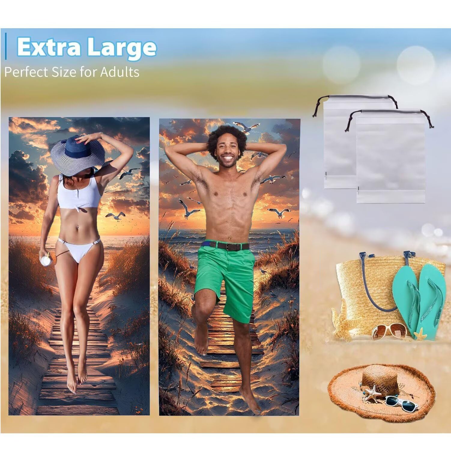 Ręcznik plażowy 80 x 160 cm, zestaw 2 dużych ręczników z mikrofibry szybkoschnący, chłonny, kompaktowy, ręcznik kąpielowy bez piasku lato koc plażowy damski do kąpieli prezent (plaża mewa) H-845