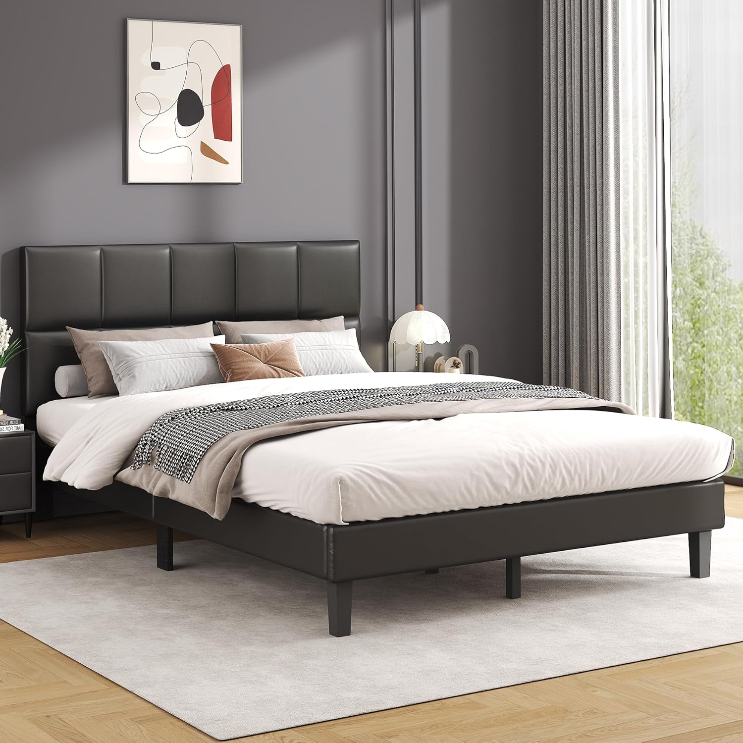 Shintenchi Full Size Wooden Platform Bed Frame with Leather Upholstered Headboard in a bedroom setting.