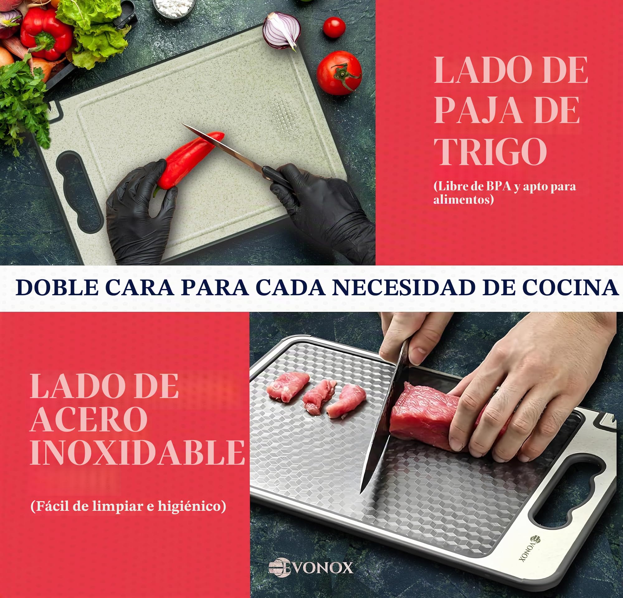 EVONOX Tablas de cortar de acero inoxidable para cocina, de doble cara, ligeras, aptas para lavavajillas, fáciles de limpiar, no tóxicas, bordes antideslizantes, tabla de cortar grande de paja de