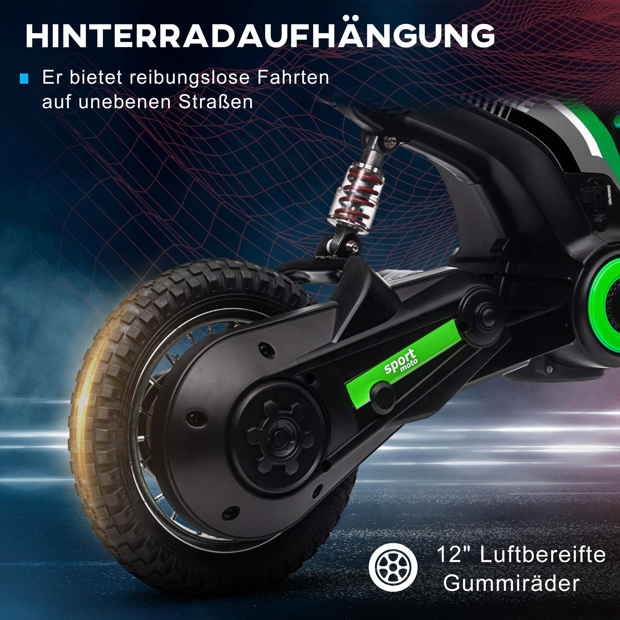 HOMCOM Elektro Motorrad Kinder 24V mit 350W Motor für 8-12 Jahre Grün | Scheinwerfer, Musik, 8-16 km/h, Kindermotorrad mit Luftreifen