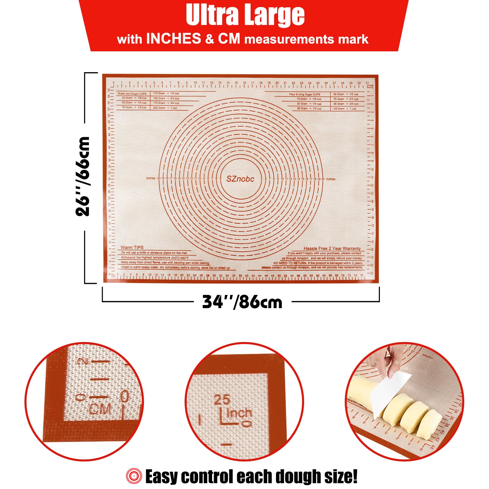 Alfombrilla de silicona extra grande antiadherente para masa con medición para hornear, tapete de fondant, tapete de amasado, tapete para amasar, tapete para masa (rojo, 24 x 36)