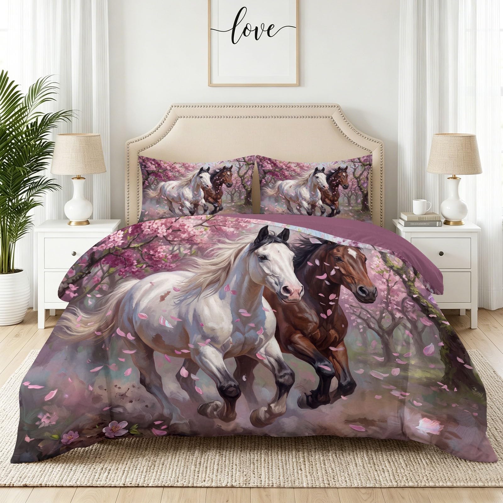Housse de couette 140x200 cheval et cerisier avec taies violet foncé