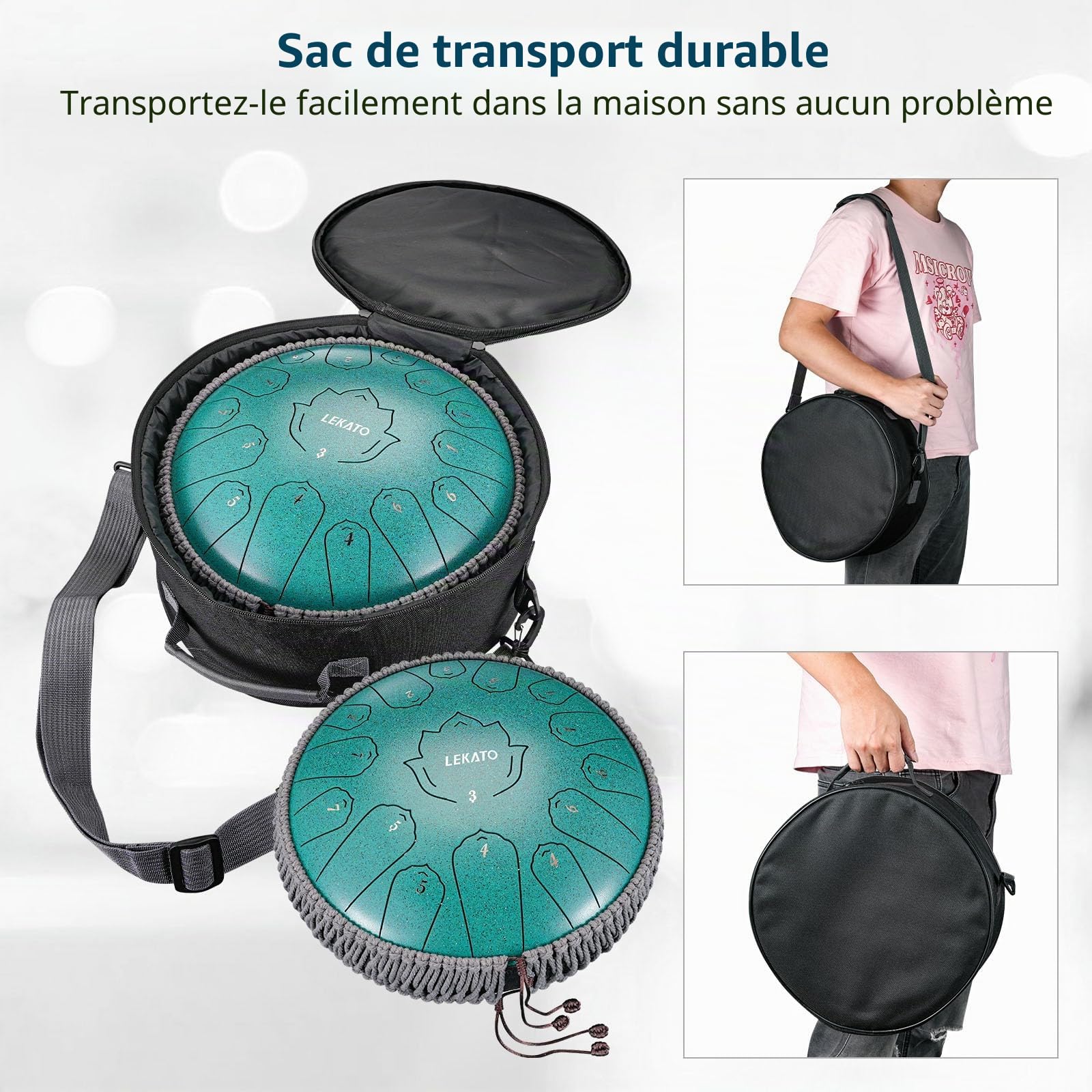 LEKATO Steel Tongue Drum à 15 Notes 13 Pouces, C Key Tambour de Langue Handpan Instrument de Percussion pour Education Méditation de Guérison, Cadeau pour Débutant(Vert Malachite)