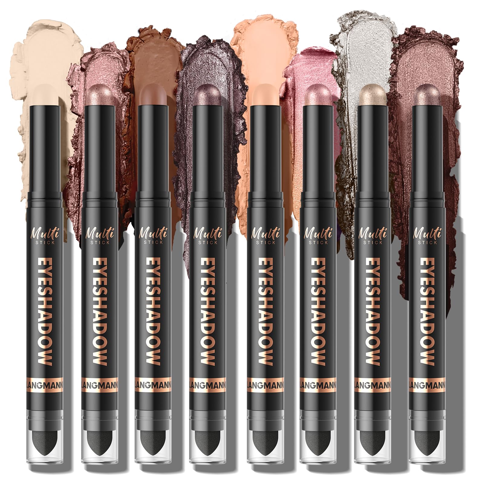 LANGMANNI 8Colors Dual-Ended Cream Eyeshadow Stick Set Silky Smooth Waterproof Transfer-Proof Built-in Blender Brush All-Day Matte Shimmer Wear