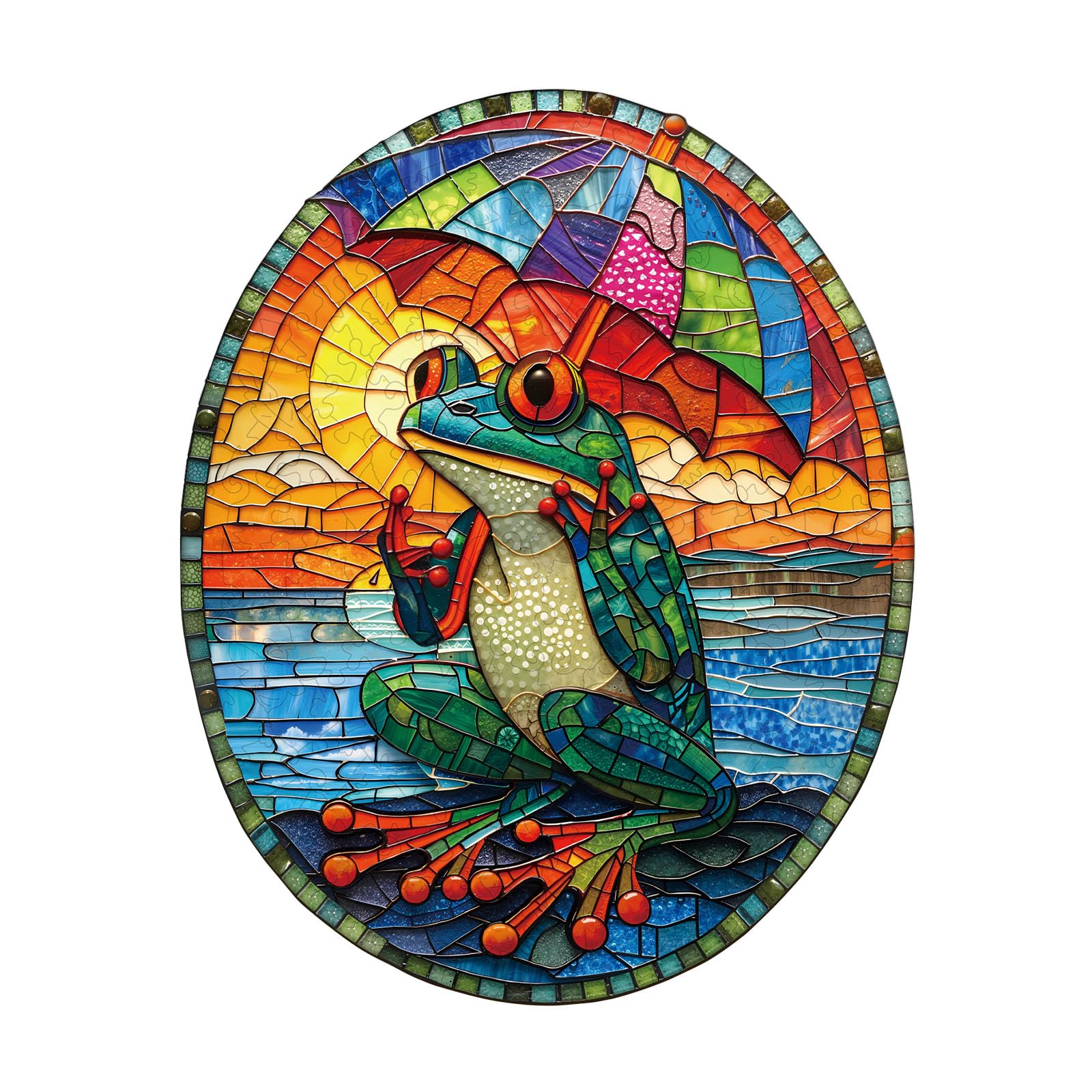Jigfoxy Sunset Frog Wooden Jigsaw Puzzles for Adults, 225pcs Unique Animal Shape Wood Puzzles, Birthday Gifts for Family Friend with wooden box(13.4 * 10.7in)