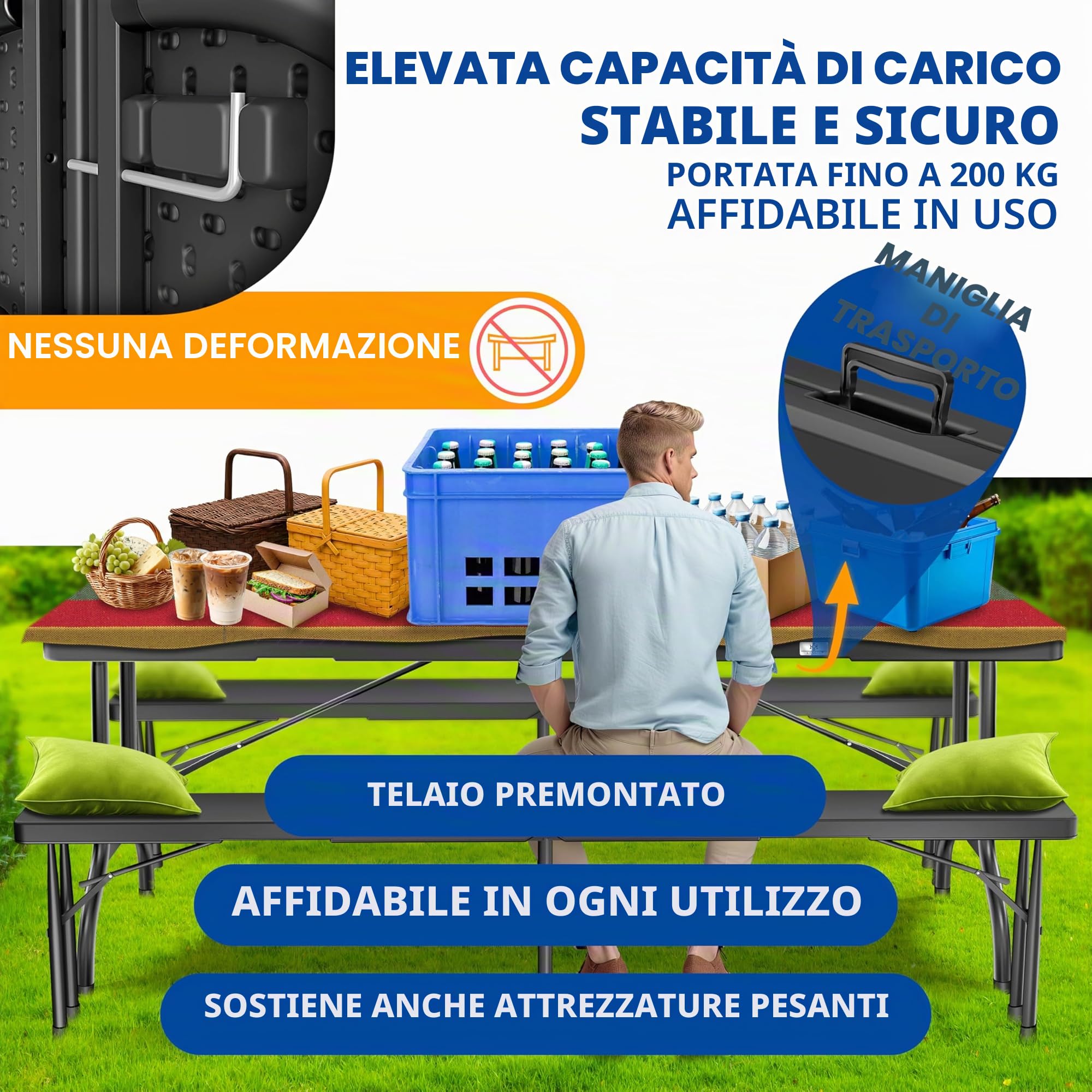 KESSER® Tavolo da buffet Tavolo pieghevole in plastica, 183x76 cm tavolo da campeggio tavolo per feste, tavolo da giardino, terrazza e balcone, per 8 persone inclusa maniglia per il trasporto