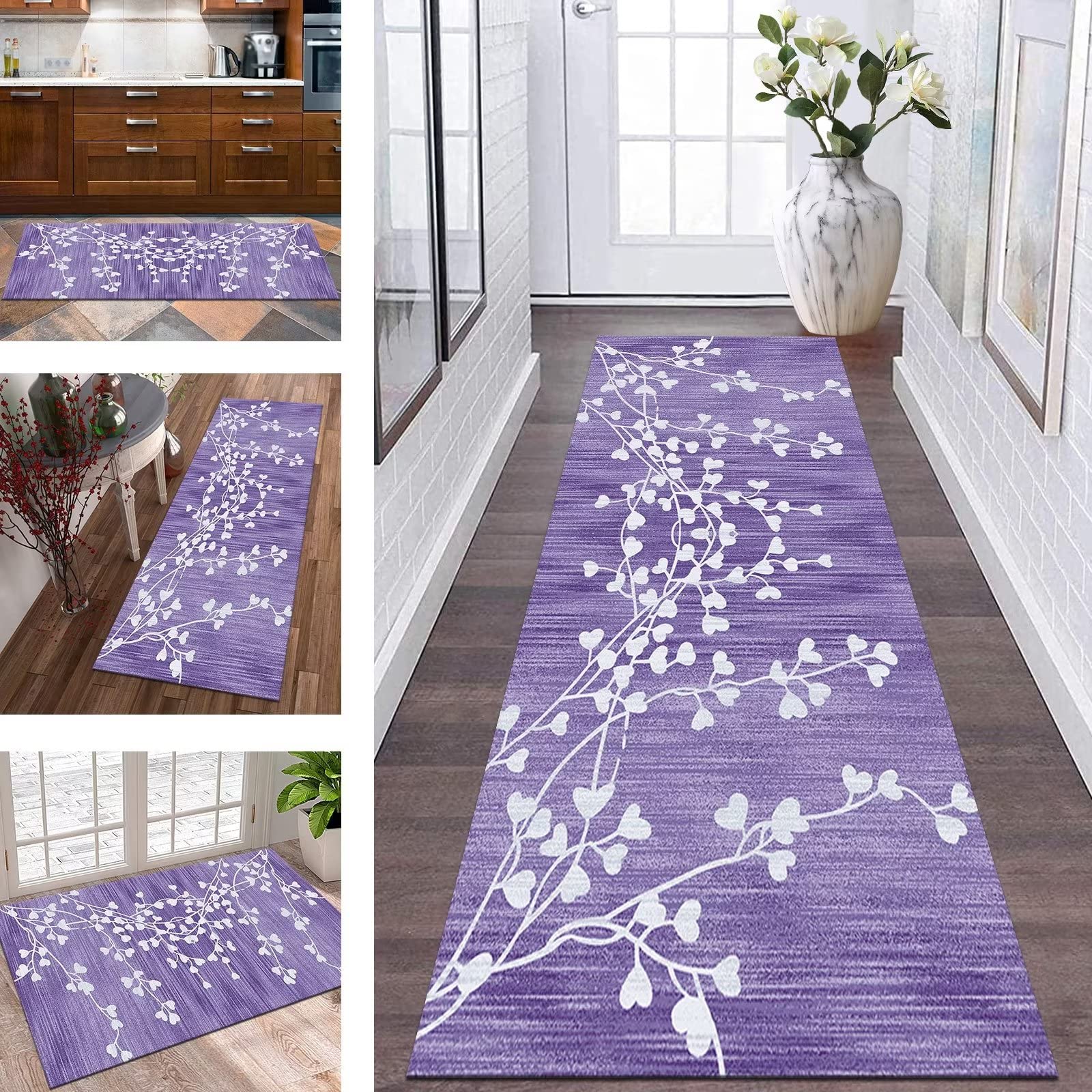 Tapis de couloir moderne antidérapant abstrait violet 90x200 pour salon et chambre