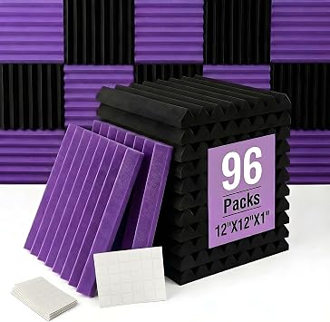 96 Pack Allxinlog Absorb the echo Acoustic Foam Panel Wedge Studio Soundproofing Wall Tiles 12" X 12" X 1" Accompanied By Double-Sided Adhesive Tape48Purple+48Black