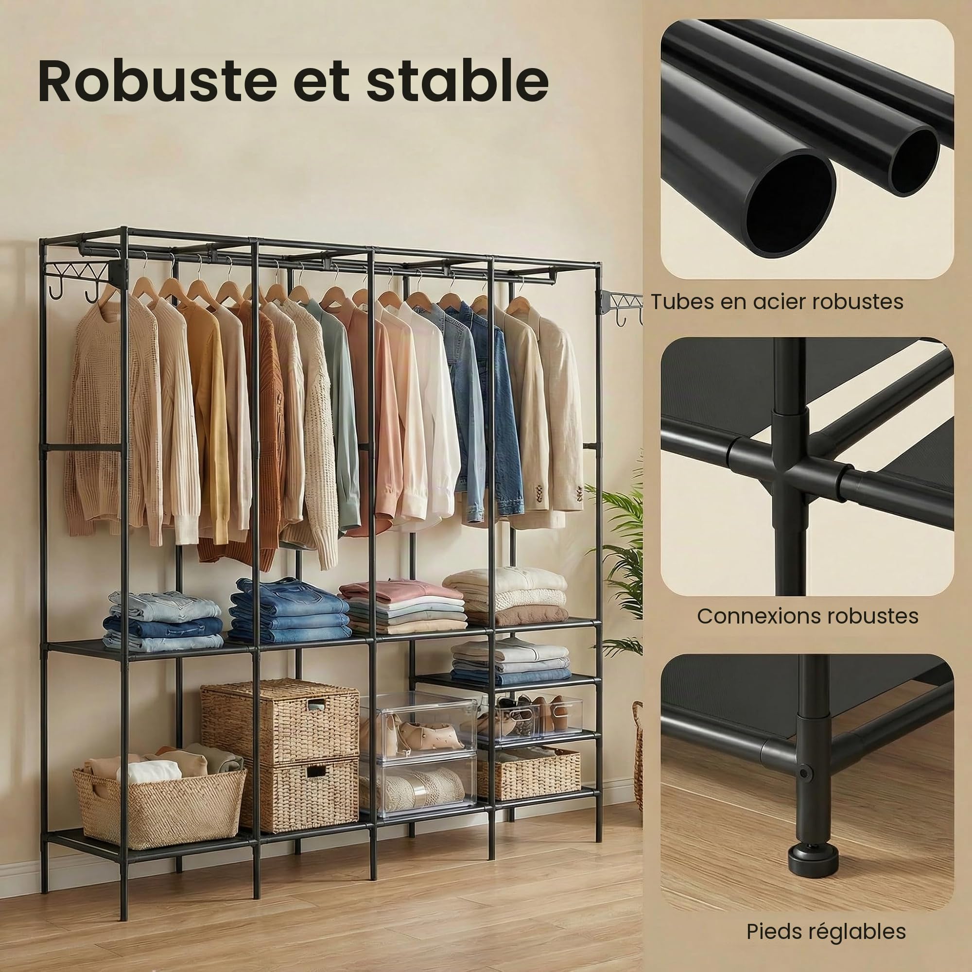 Huracan Porte-manteaux, Armoire ouverte avec penderie et étagères, Armoire debout en métal, Porte-manteaux pour la chambre à coucher, le salon et l'entrée, Noir