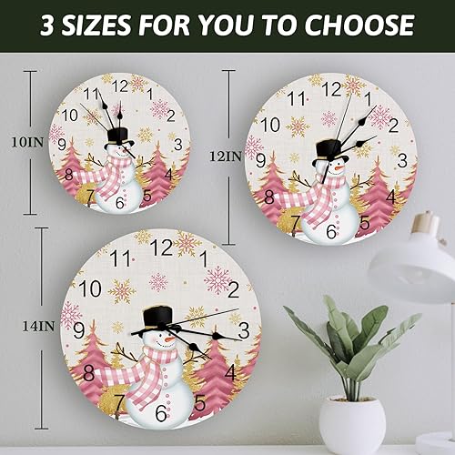 Miniatura 6 de Reloj de pared silencioso sin tictac de 10 pulgadas, color rosa, árbol de Navidad, muñeco de nieve, copo de nieve dorado, funciona con pilas,