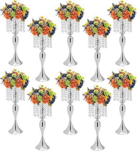 Soporte de flores de cristal plateado, centros de mesa de boda para mesas, 10 piezas de plomo de carretera, jarrón de metal para mesas de recepción,