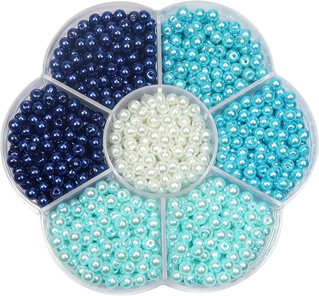 TOAOB 1050pcs Glass Pearl Beads 4 Colors Round Coloured Faux Tiny Pearl Beads Blue Theme 4mm for Jewelry Making Crafts Decoration