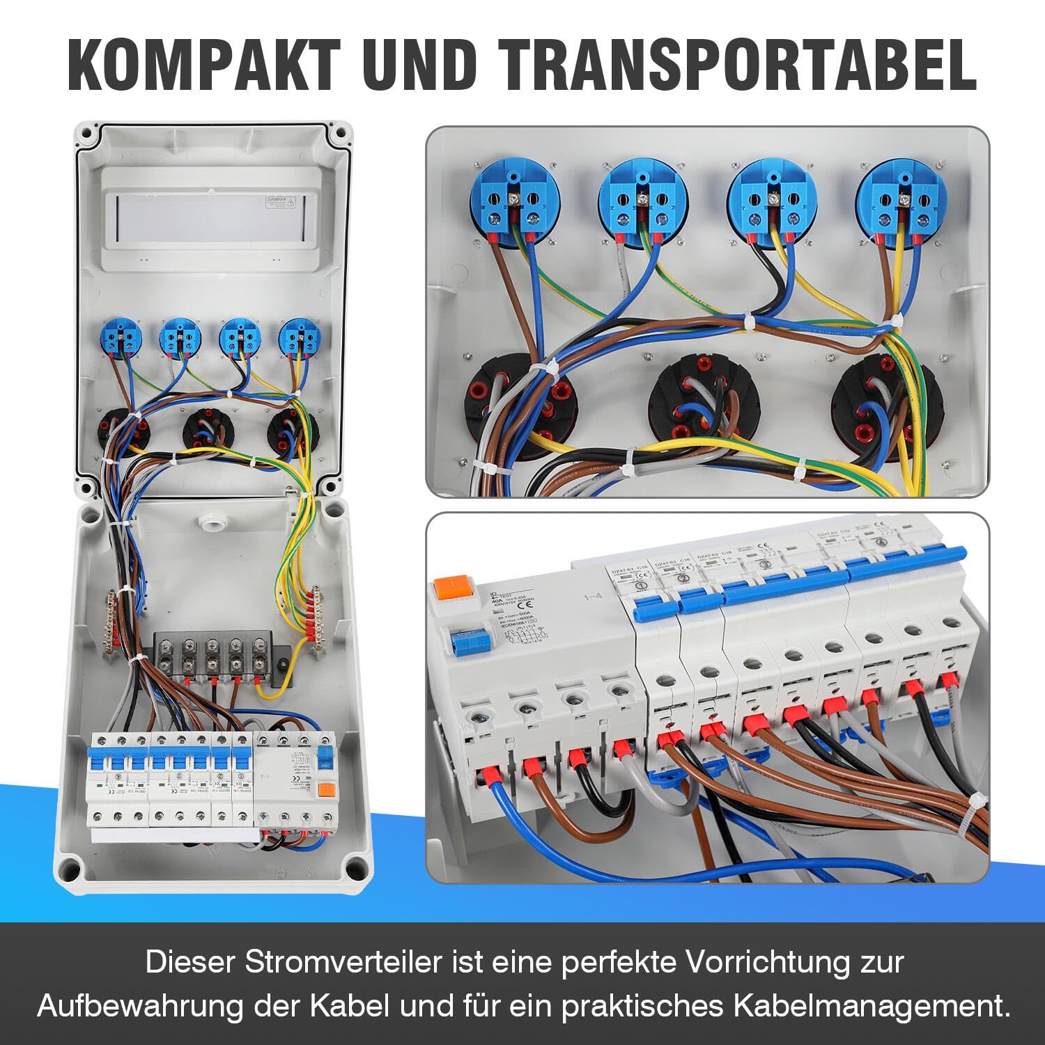 Wandverteiler mit Leitungsschutzschalter und FI,5 Polig Baustromverteiler mit 4xSchuko-Steckdose und CEE-Steckdose 16/32A Stromverteiler für Innen und Außen