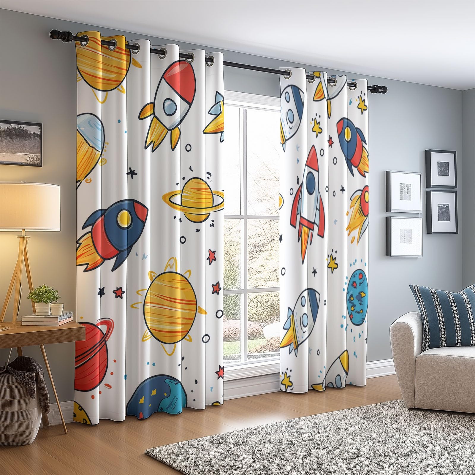 Cortinas Opacas Blanca Salon, Dibujos Animados Cohete Planeta patrón Cortina Termicas Aislantes, 140An x 225Al cm (2 Paneles) Decoración de Ventanas para Dormitorio Cocina