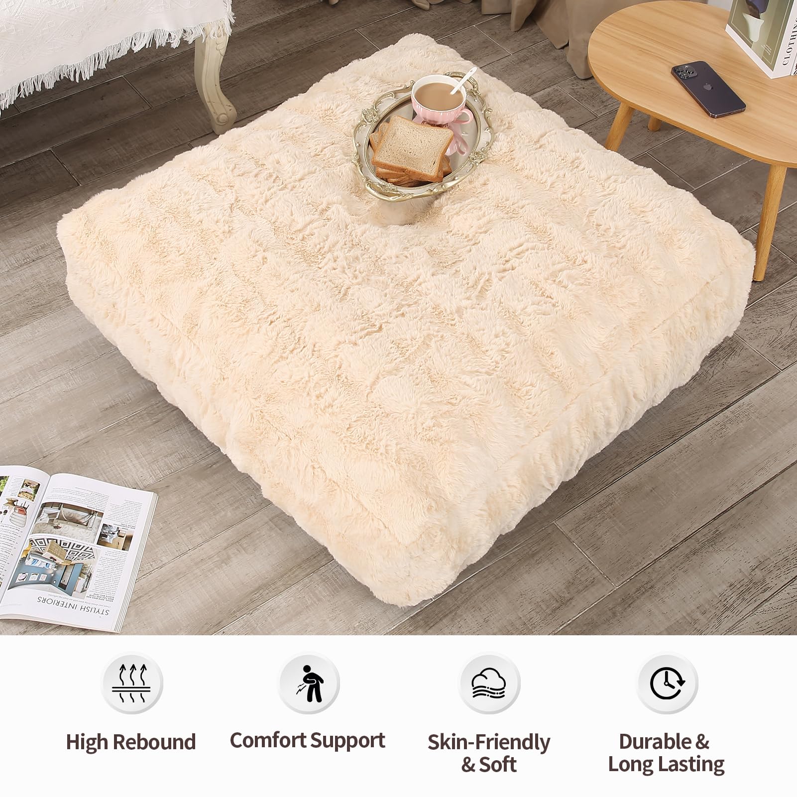 Pouf Ottomano A Bolle Con Memory Foam - Morbido Poggiapiedi Da Pavimento, Beige, 86x86cm - Per Soggiorno E Ufficio