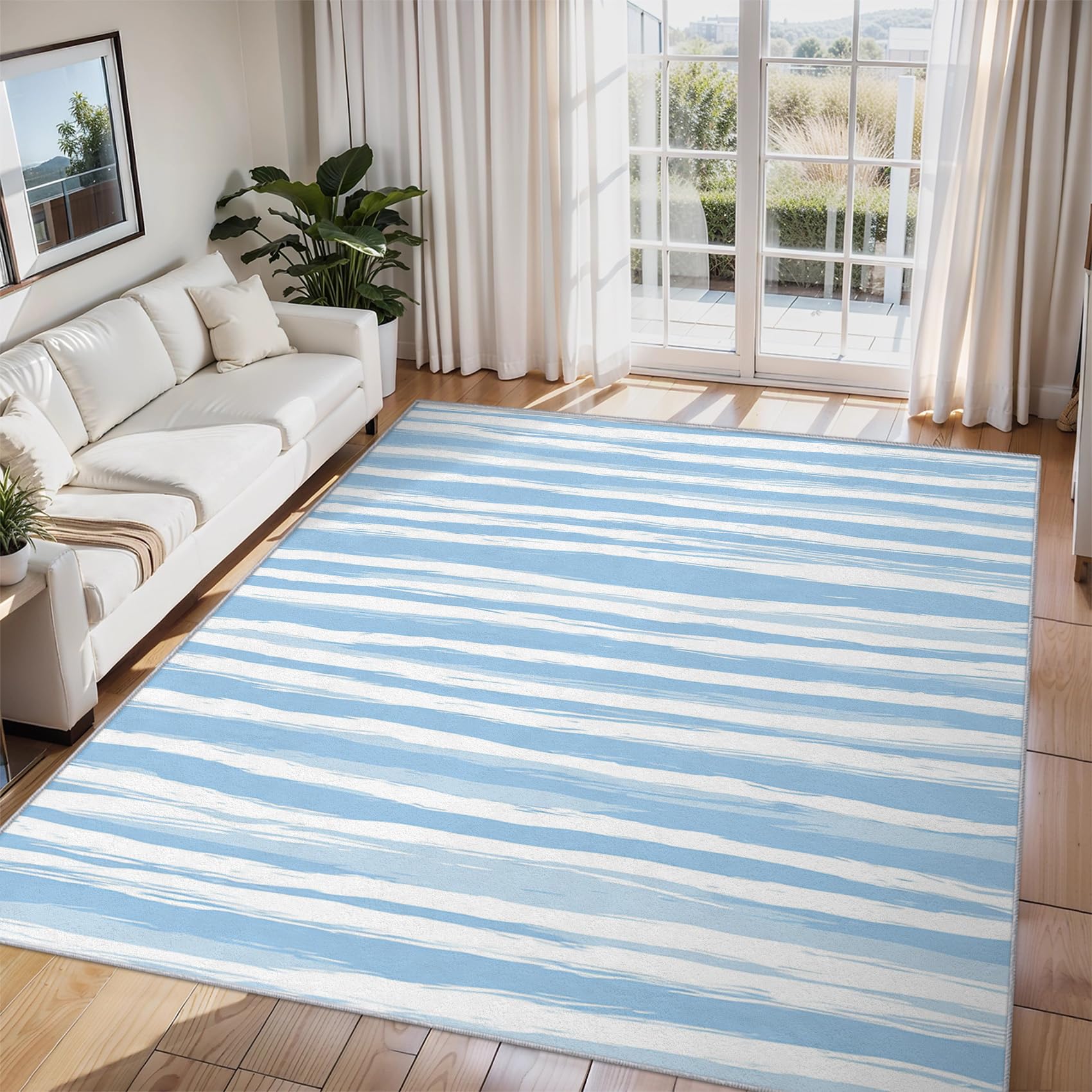 Tapis salon rayures bleu et blanc 120x170 cm antidérapant