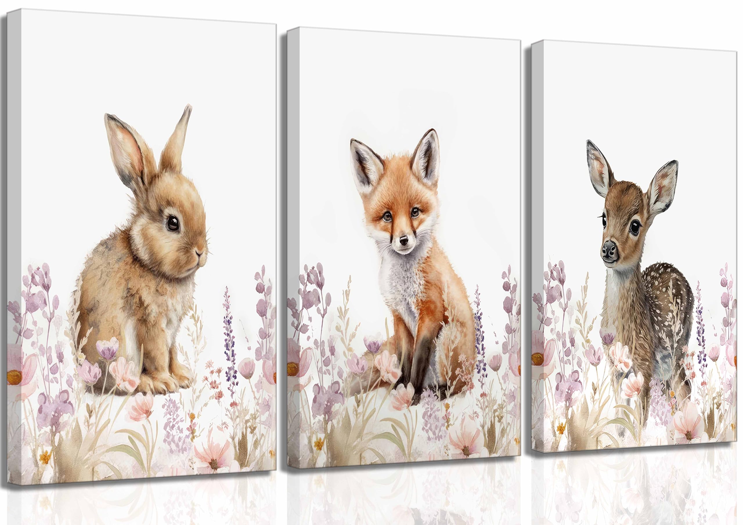 TOLAN 3 Pcs Safari Animals Nursery Canvas Wall Art Girl Animal Floral Woodland Watercolor Prints Pictures Wall Decor Rabbit Fox Deer Watercolor Poster