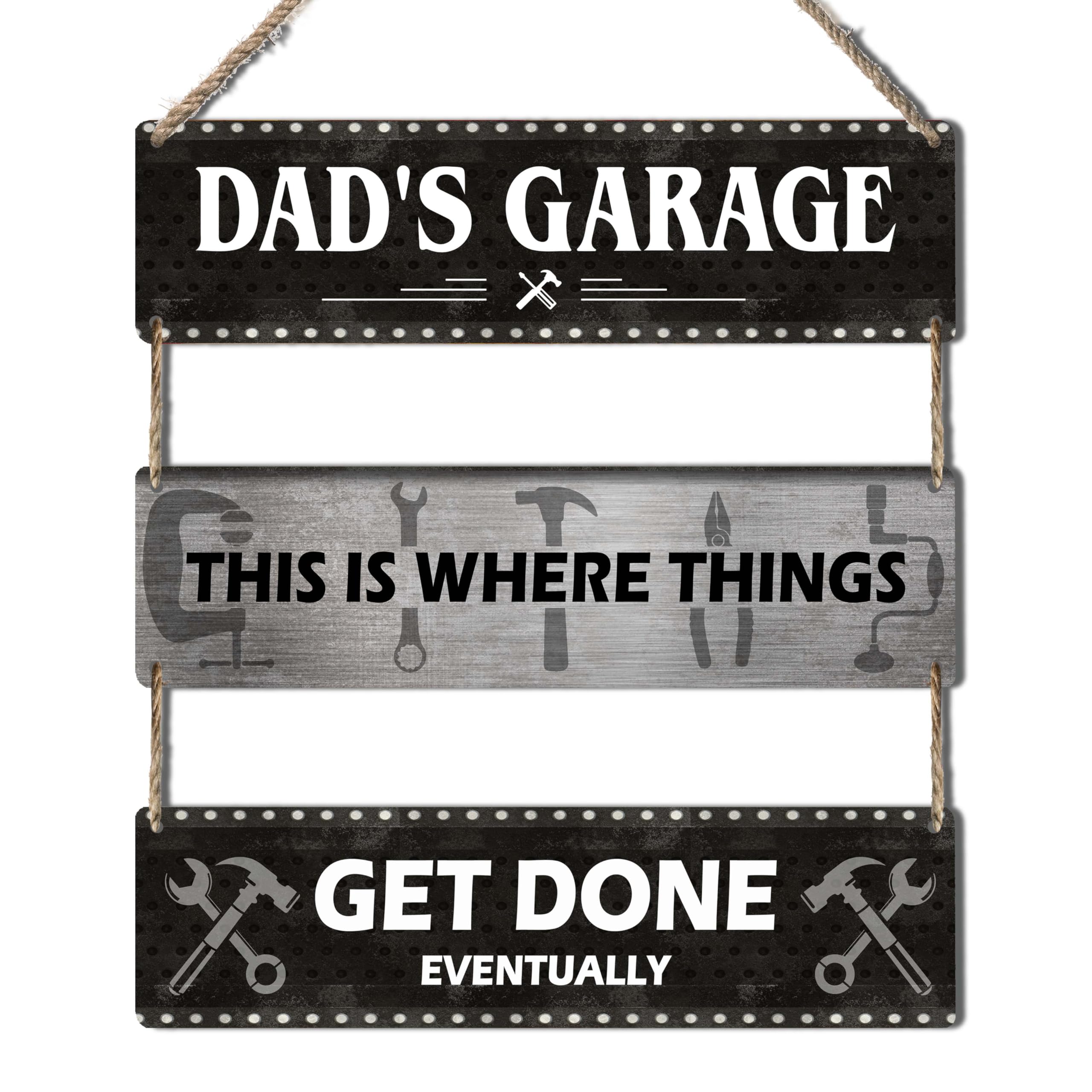 Dad's Garage Wooden Sign, 'This Is Where Things Get Done Eventually' Rustic Plaque 11.8x3.2 Inches Each, Perfect for Father’s Day, Christmas, Birthday, New Home Gifts, or Retirement.(017)