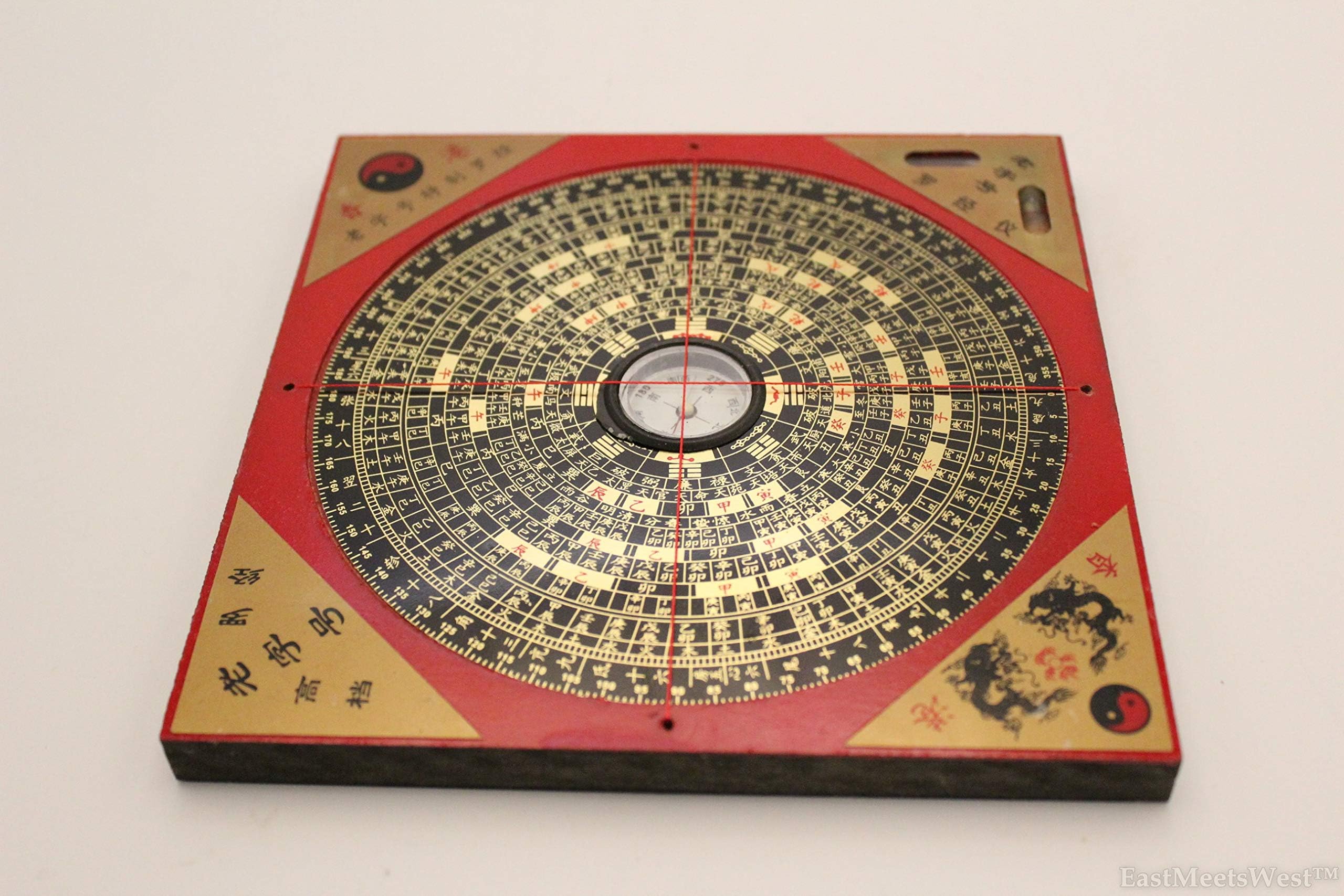 EastMeetsWest Professional Metal Feng Shui Bagua Luo Pan | Luo Jing Compass w Wooden Base