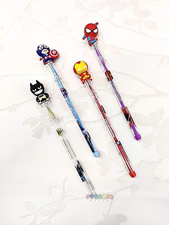 Prezzie Villa Pack of 4 Designer Bullet Pencils Avenger Superhero Design Assorted Colours Birthday Gift Return Gifts for Kids Spiderman Captain America Iron Man Batman