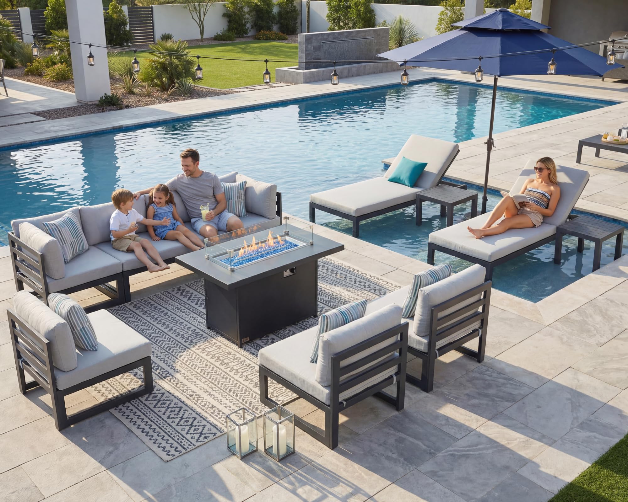 NICESOUL 8 People Large Modern Aluminum Outdoor Sofa with Chaise & Firepit Table, 29" Deep Wide Seat, 500 lbs Durable Sectional Set for Heavy People,