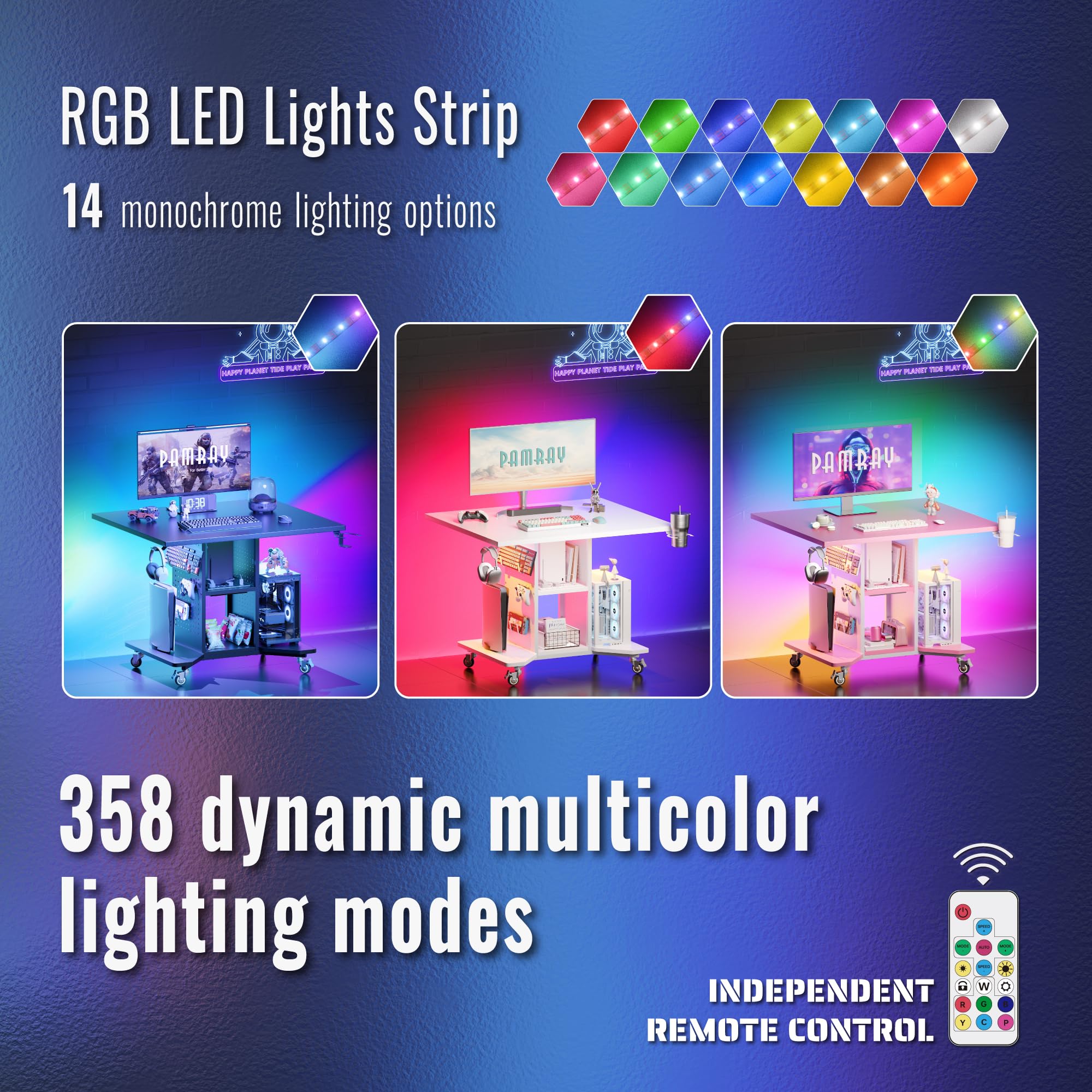 Pamray Piccola scrivania da gioco con luci a LED, prese di corrente e pannello forato per riporre oggetti, piccoli spazi, tavolo compatto per computer PC, rosa