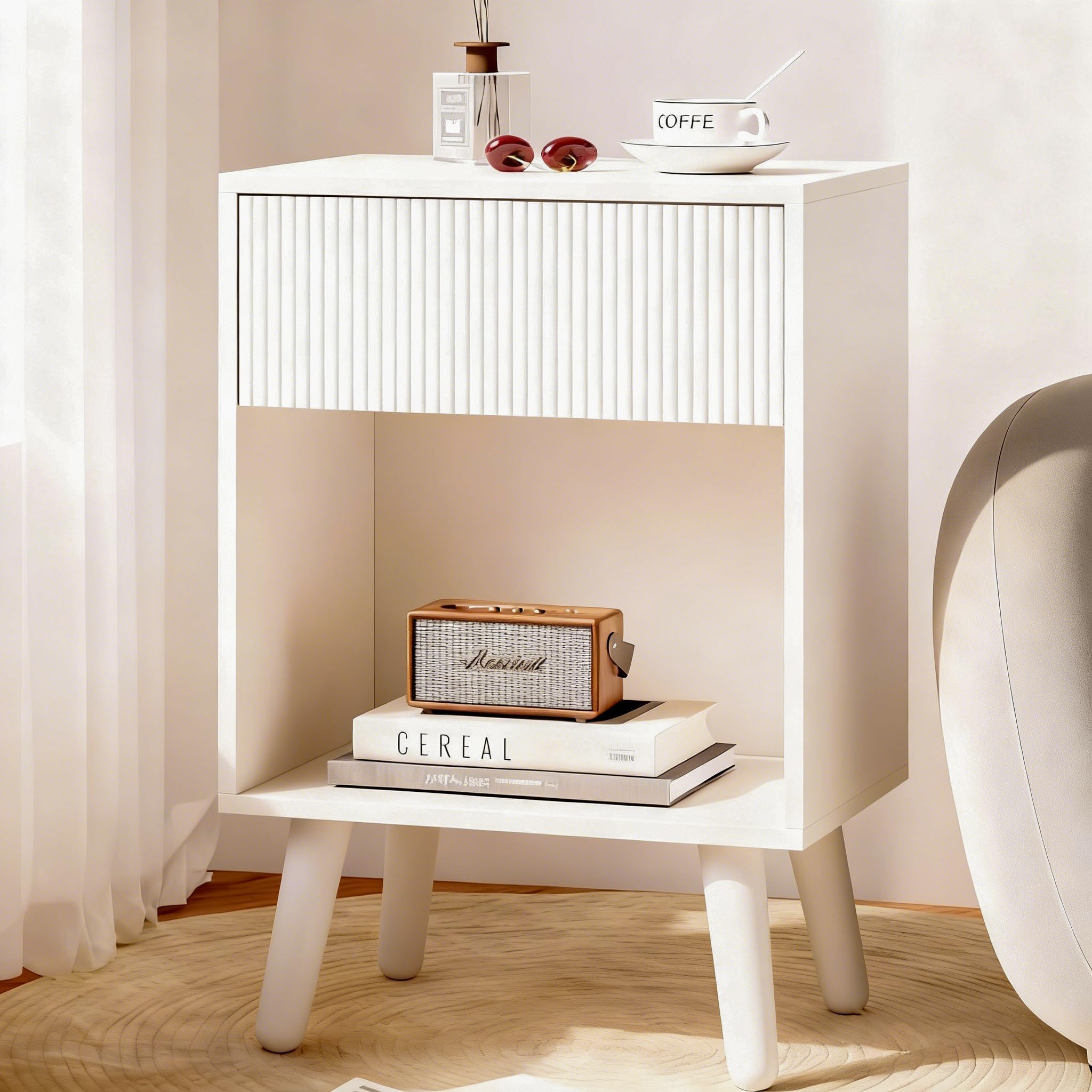 Fluted Nightstand, Modern Bedside Table with Storage Drawers and Open Wood Shelf, Night Stand with Solid Wood Legs, End Tables Side Tables for Living Room, Bedroom White