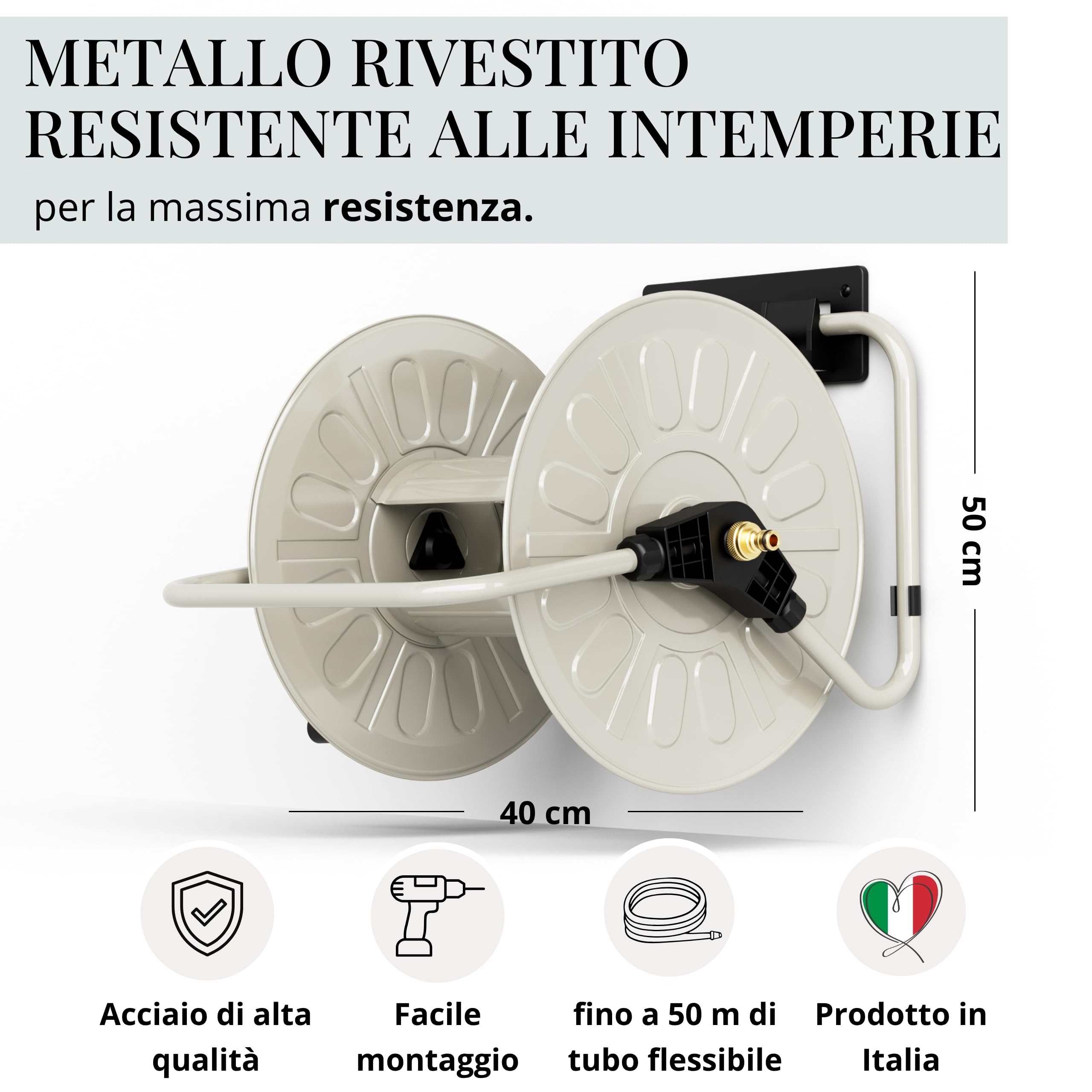 LIVLIG - Avvolgitubo in metallo, fino a 50 metri, tubo da giardino, 1/2", supporto per tubo da giardino, per montaggio a parete, Greige