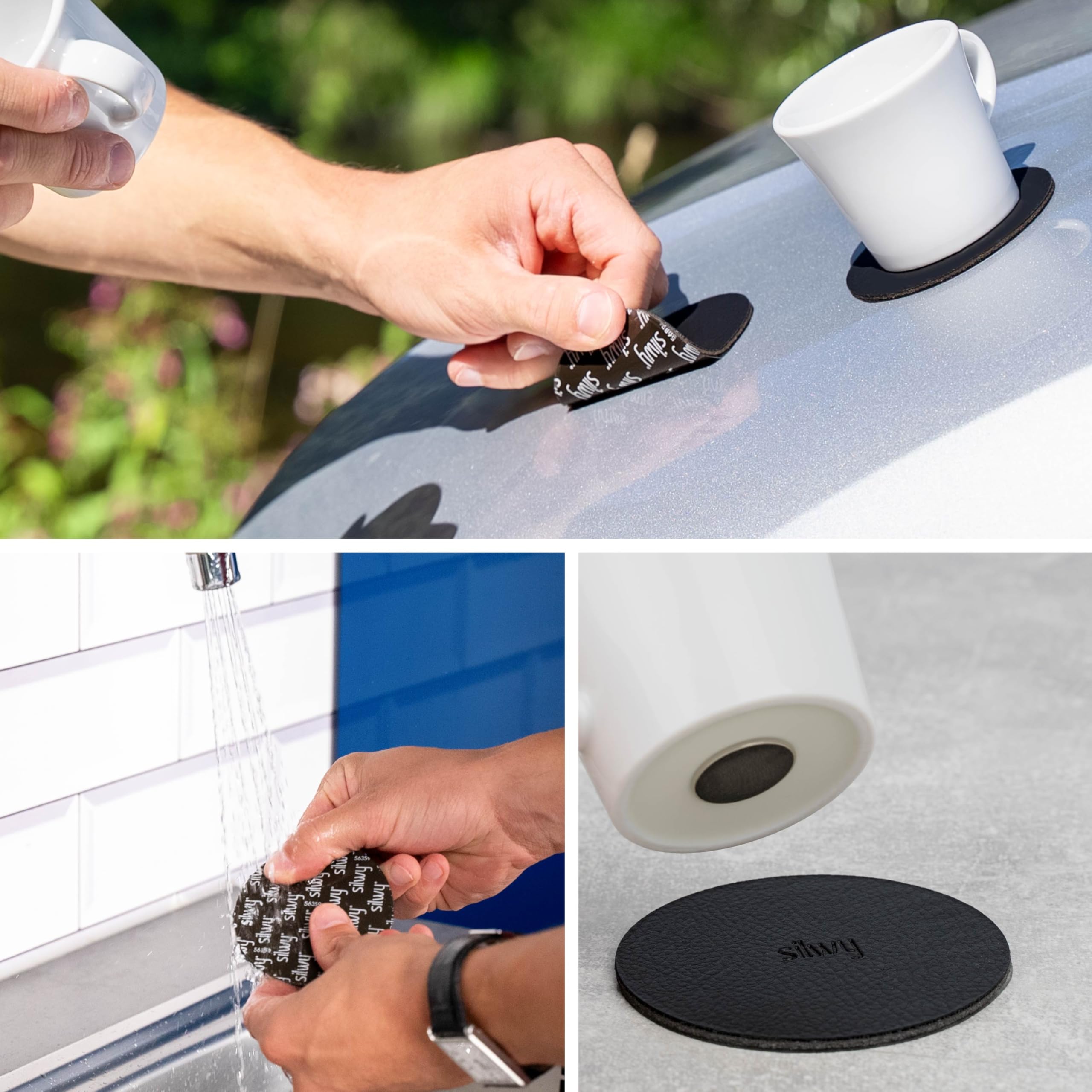 Silwy® Porcelanowe kubki do espresso z magnesami (zestaw 2 szt.) w zestawie z dwoma metalowymi nano-żelowymi podkładkami Black – antypoślizgowe filiżanki na kemping i do przyczep kempingowych,
